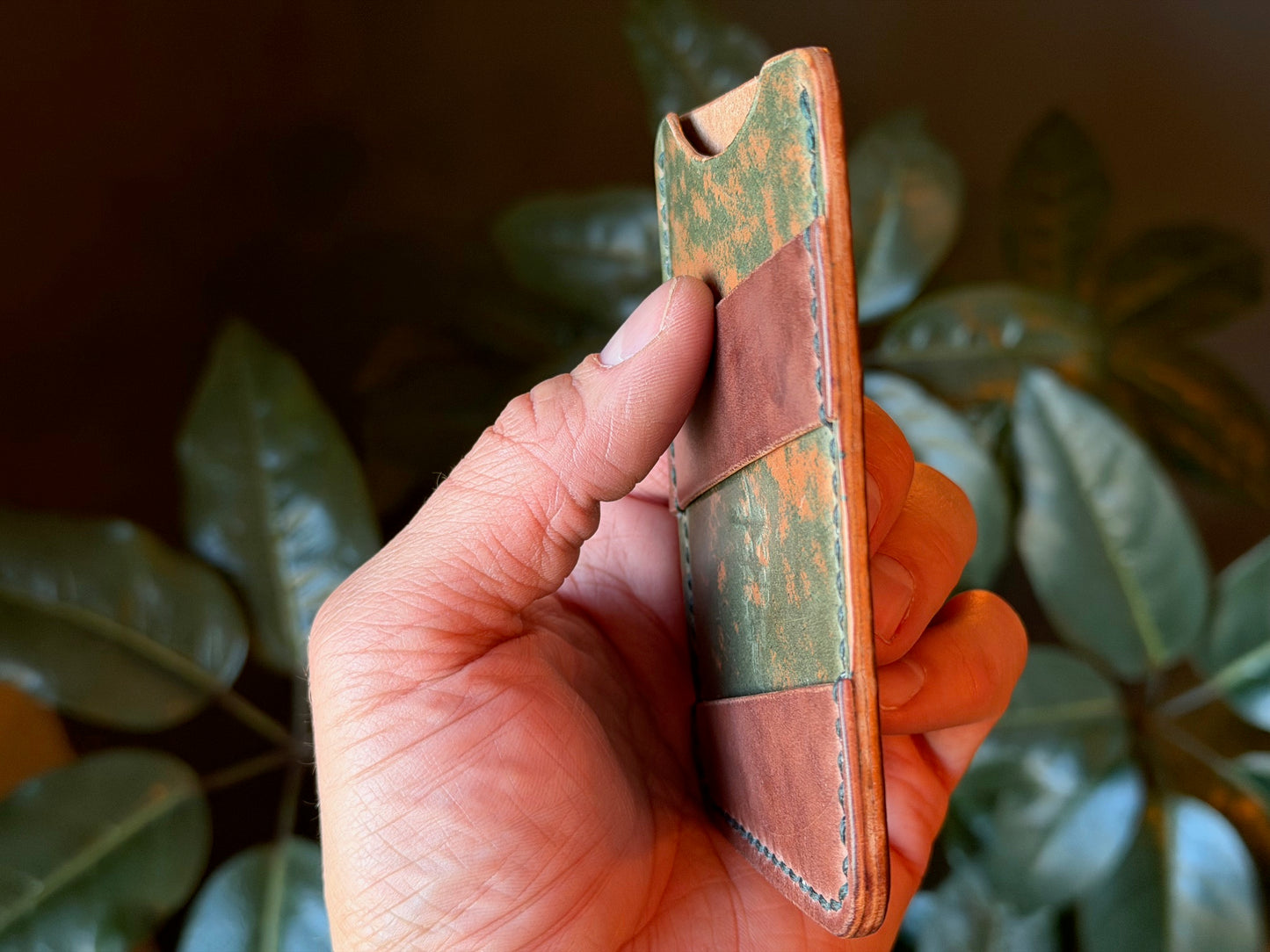 Hidden Logo Marbled Brown & Green Shell Cordovan Card Wallet