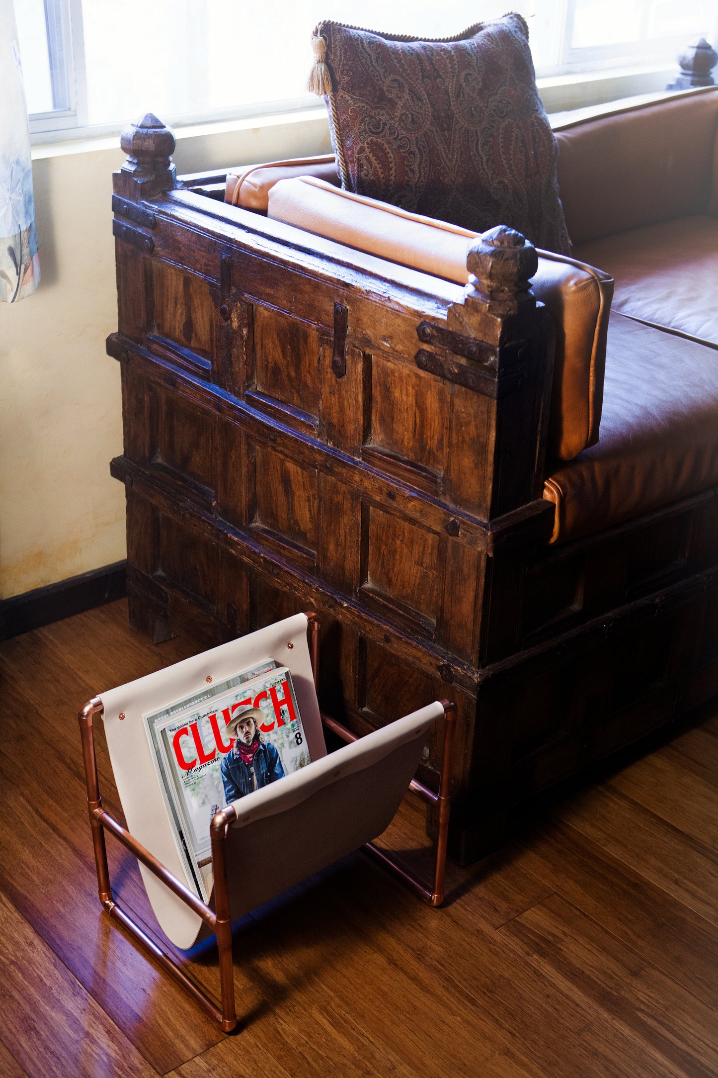Raw Copper Pipe & Vegtan Leather Magazine/Record Stand