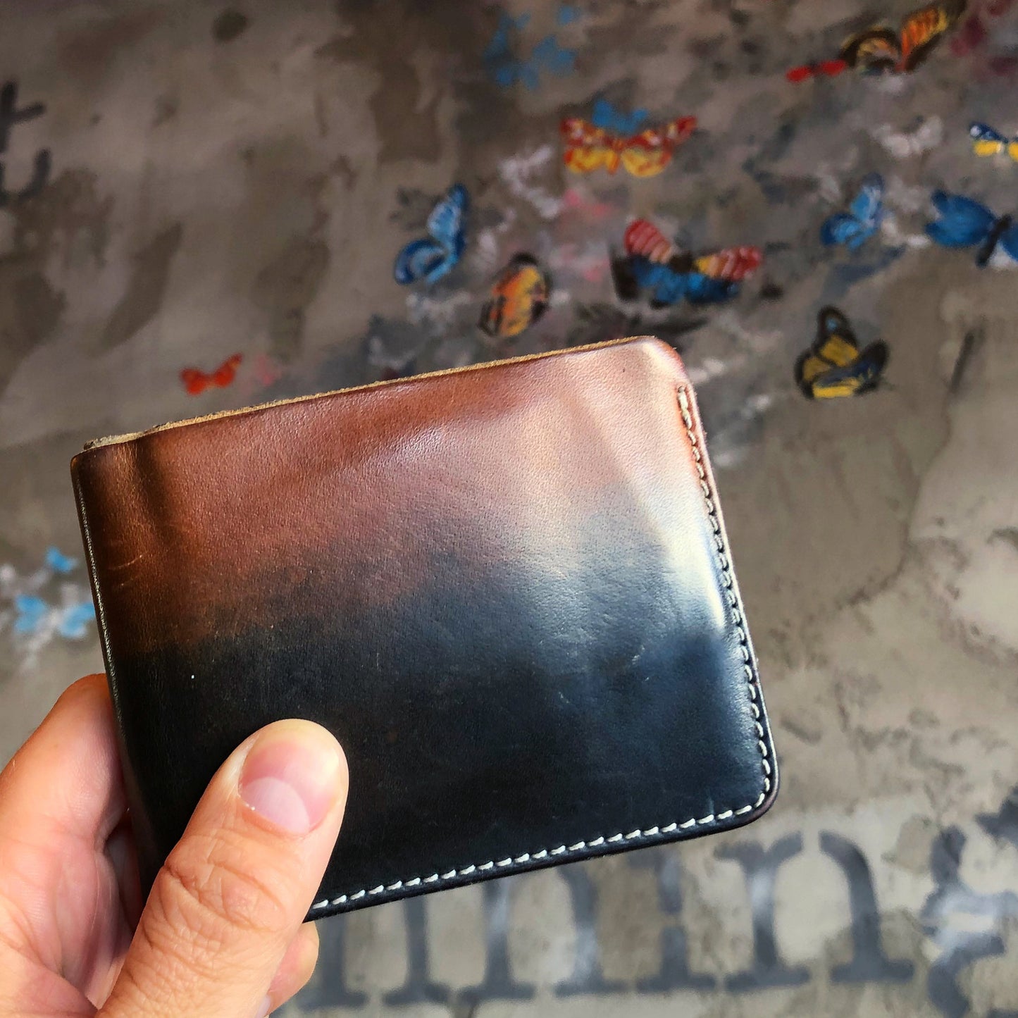 Indigo Dip Dyed Natural Vegeable Tanned Leather Bifold with "laser" pattern