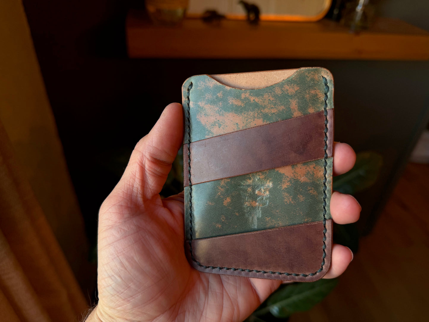 Hidden Logo Marbled Brown & Green Shell Cordovan Card Wallet