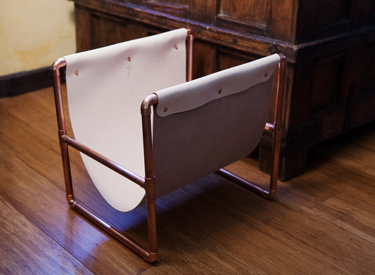 Raw Copper Pipe & Vegtan Leather Magazine/Record Stand