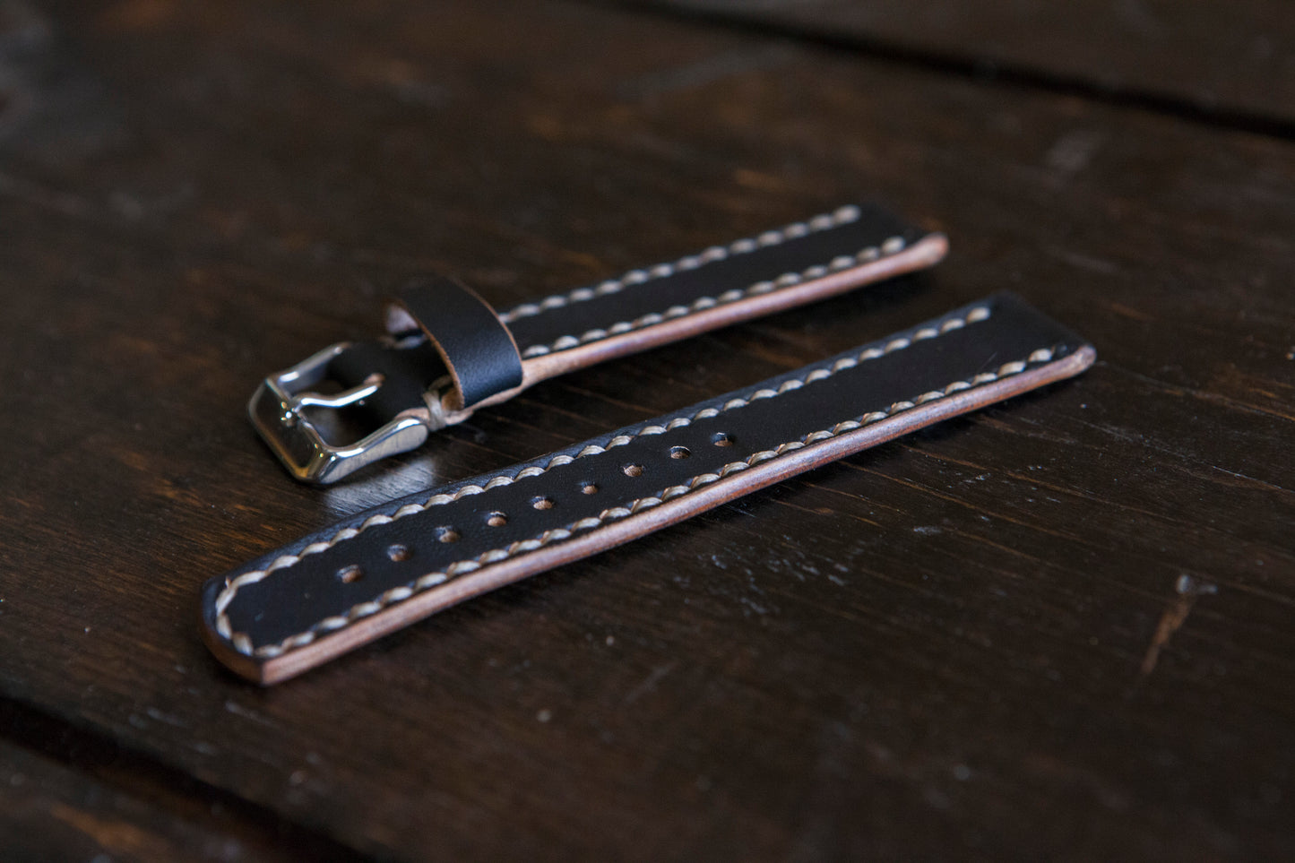 18 - 22mm Painted Black Teacore (fades to brown) Watch Strap Hand Stitched Made to Order and Customizable