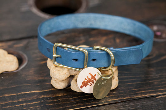 1" or 3/4" Natural Indigo Dyed Vegtan Dog Collar
