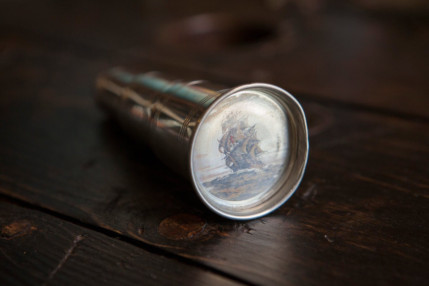 Vintage Pewter Telescope Flask. Actually extends and has a picture of a boat on the "glass"!