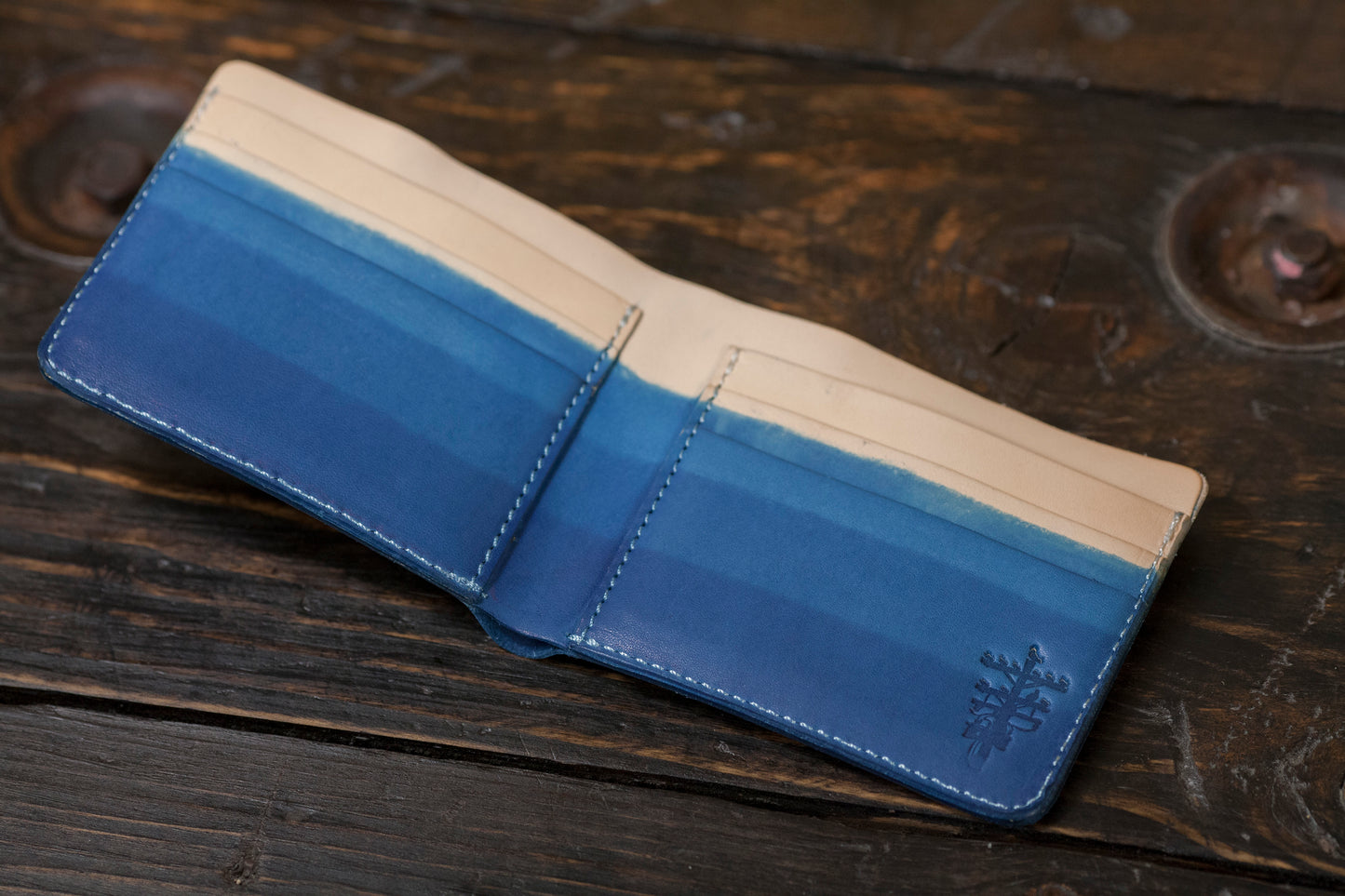 Indigo Dip Dyed Natural Vegetable Tanned Leather Bifold with Classic OG 3 Layer Dip