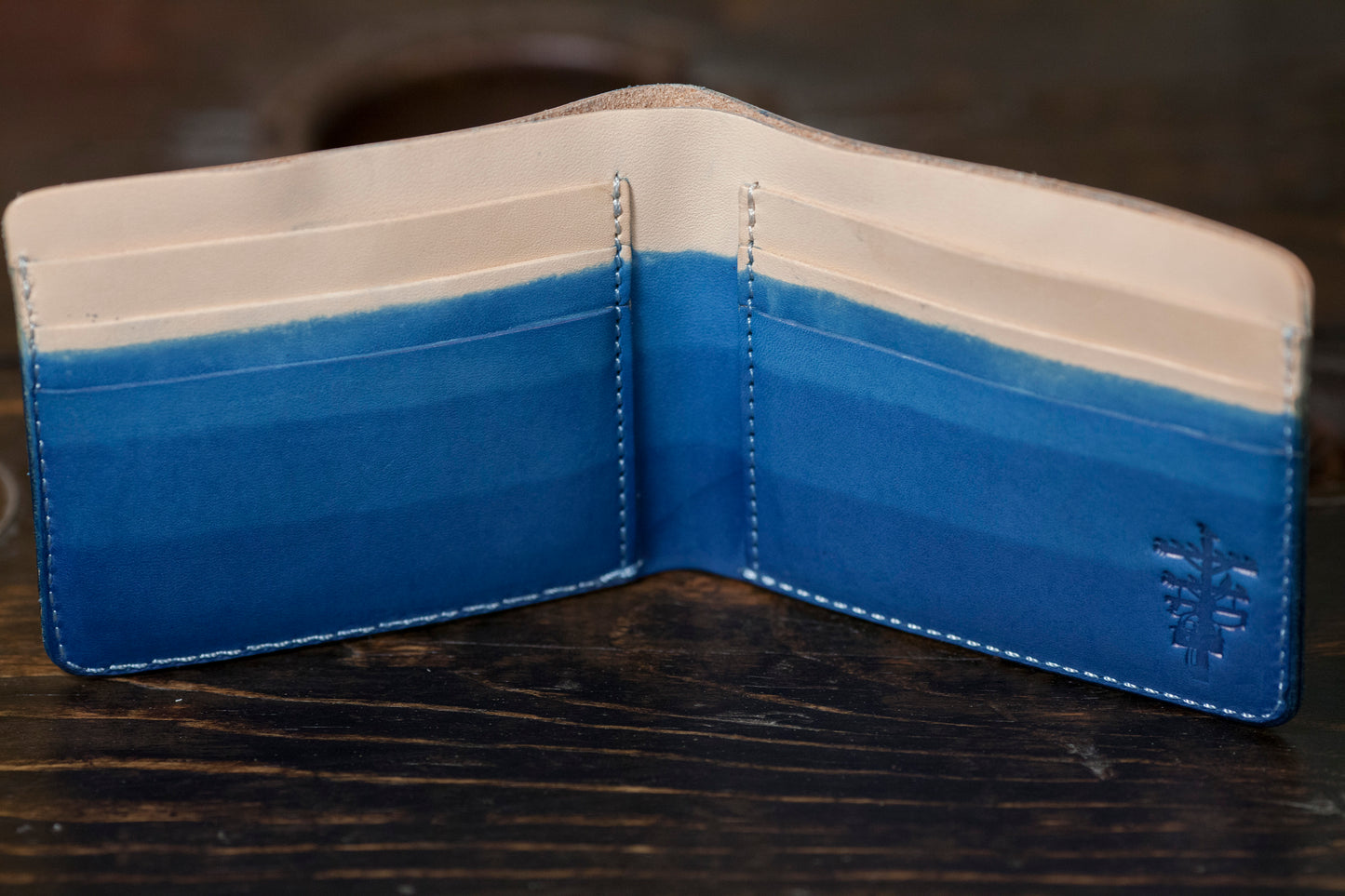 Indigo Dip Dyed Natural Vegetable Tanned Leather Bifold with Classic OG 3 Layer Dip