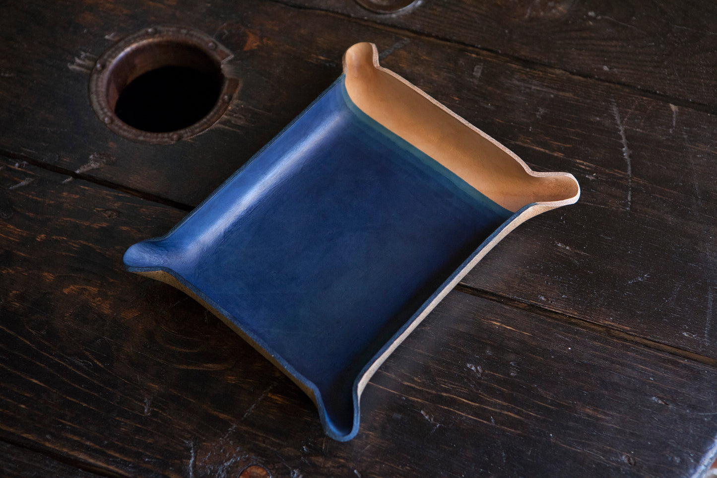 Indigo Dyed and Wet Formed Natural Leather Catchall Tray Solid Indigo with tight 5 layer gradient