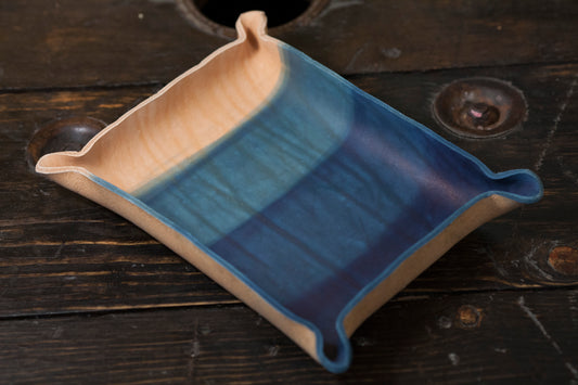 Indigo Dyed and Wet Formed Natural Leather Catchall Tray Solid Indigo with rough 3 dip gradient