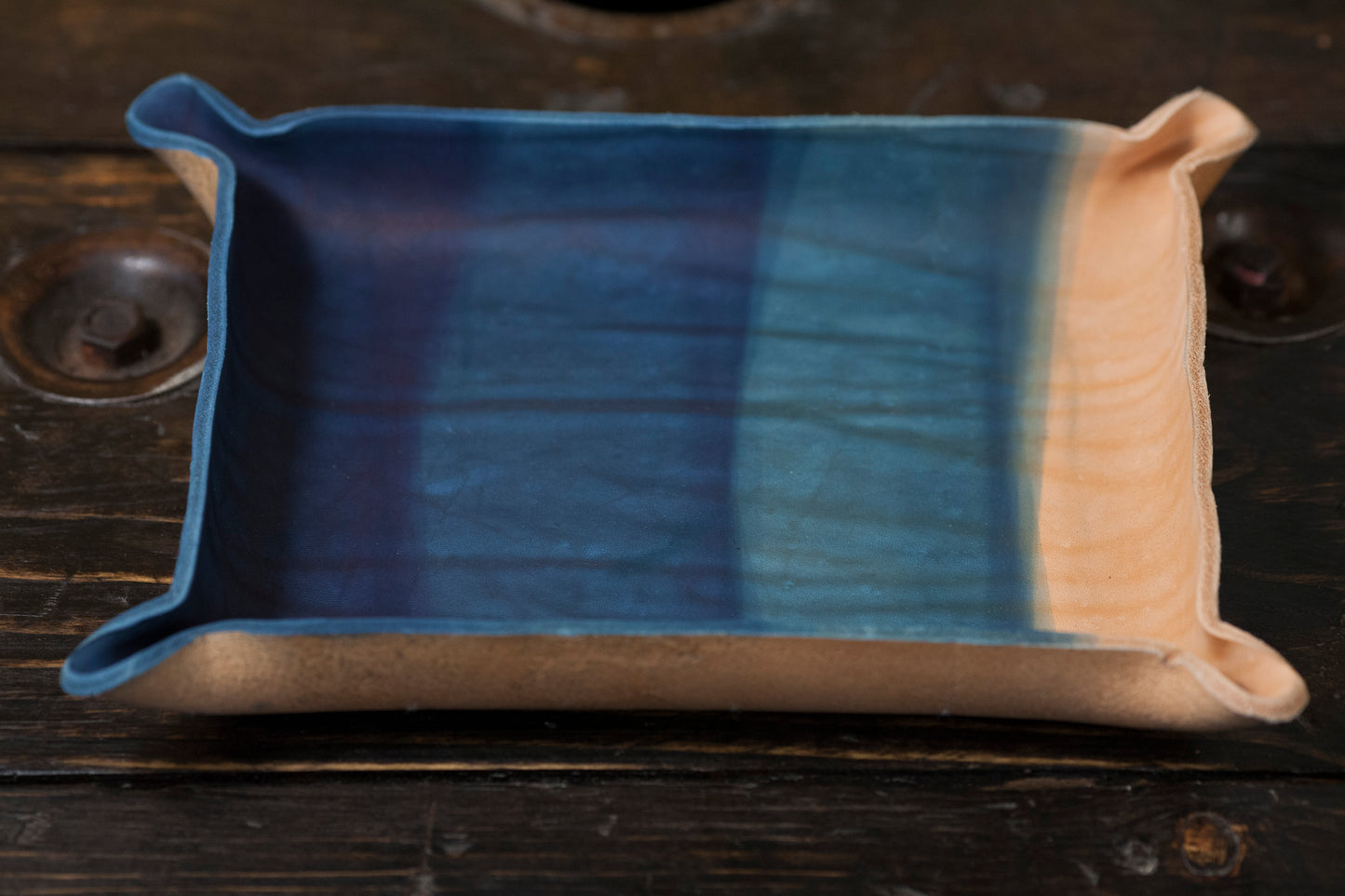 Indigo Dyed and Wet Formed Natural Leather Catchall Tray Solid Indigo with rough 3 dip gradient