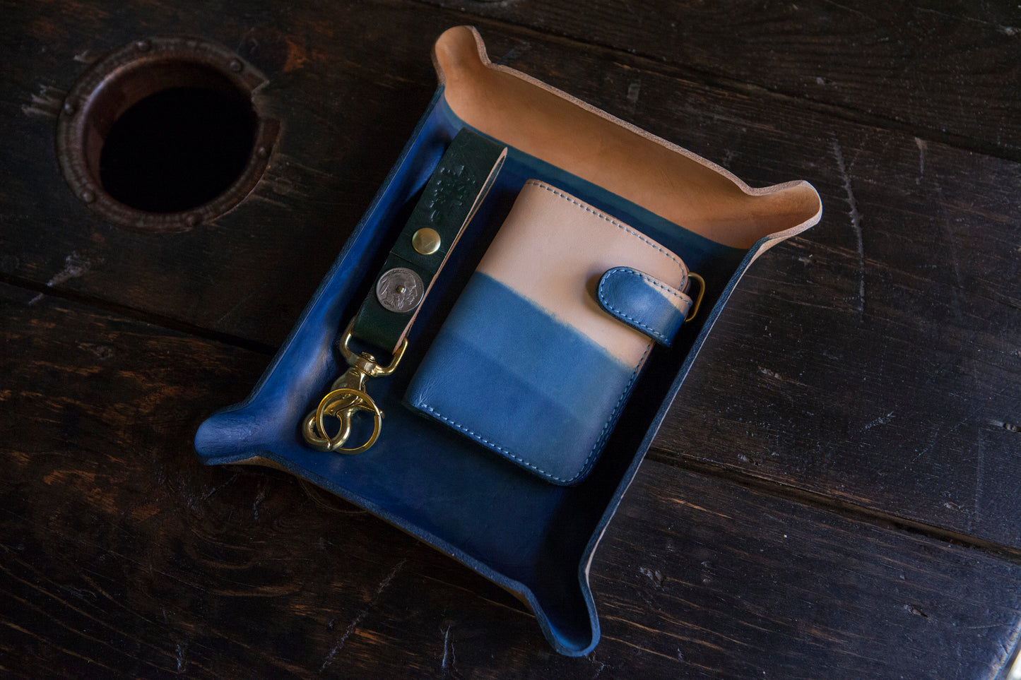 Indigo Dyed and Wet Formed Natural Leather Catchall Tray Solid Indigo with tight 5 layer gradient