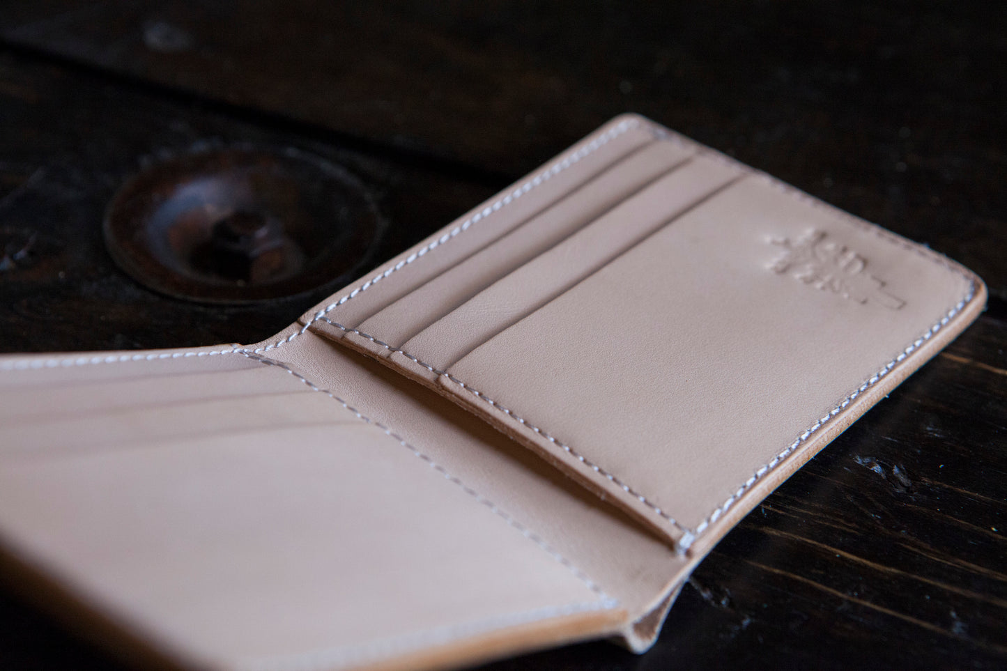 Indigo Dyed Natural Vegetable Tanned Leather Bifold with Deep Indigo Dip
