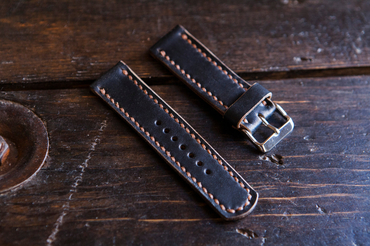18 - 22mm Horween Black Chromexcel (CXL) Watch Strap - Hand Stitched & Made to Order