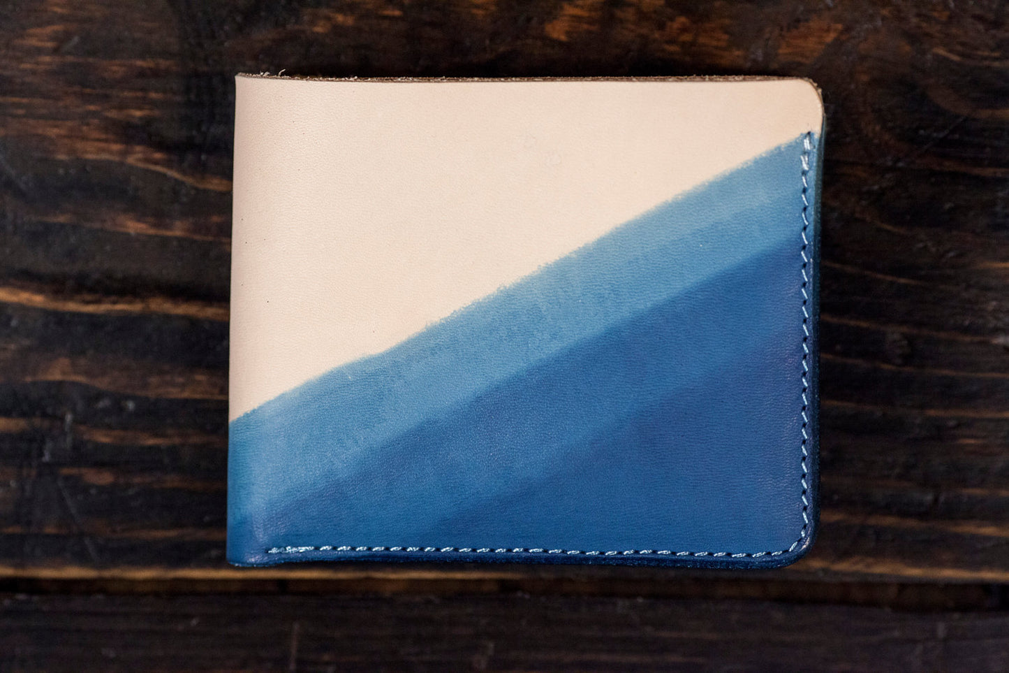 Indigo Dip Dyed Natural Vegeable Tanned Leather Bifold with V Gradient