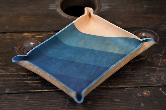 Indigo Dyed and Wet Formed Natural Leather Catchall Tray with Diagonal Indigo Gradient