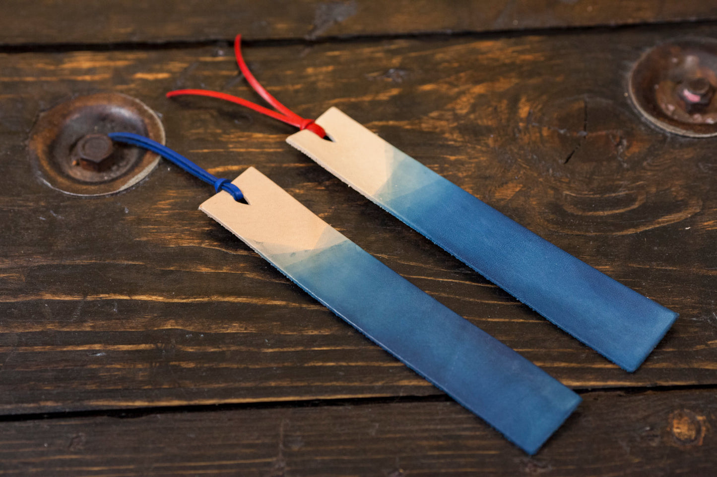 Indigo Dyed Natural Vegetable Tanned Leather Bookmark with Leather Tassel