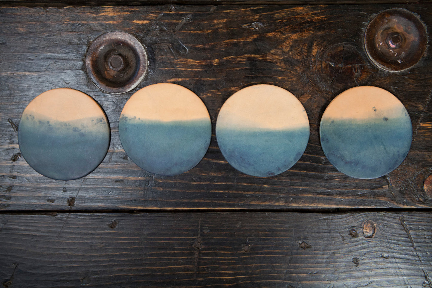 Indigo Dip-Dyed Natural Leather 3.5" Round Coasters  - Set of 4