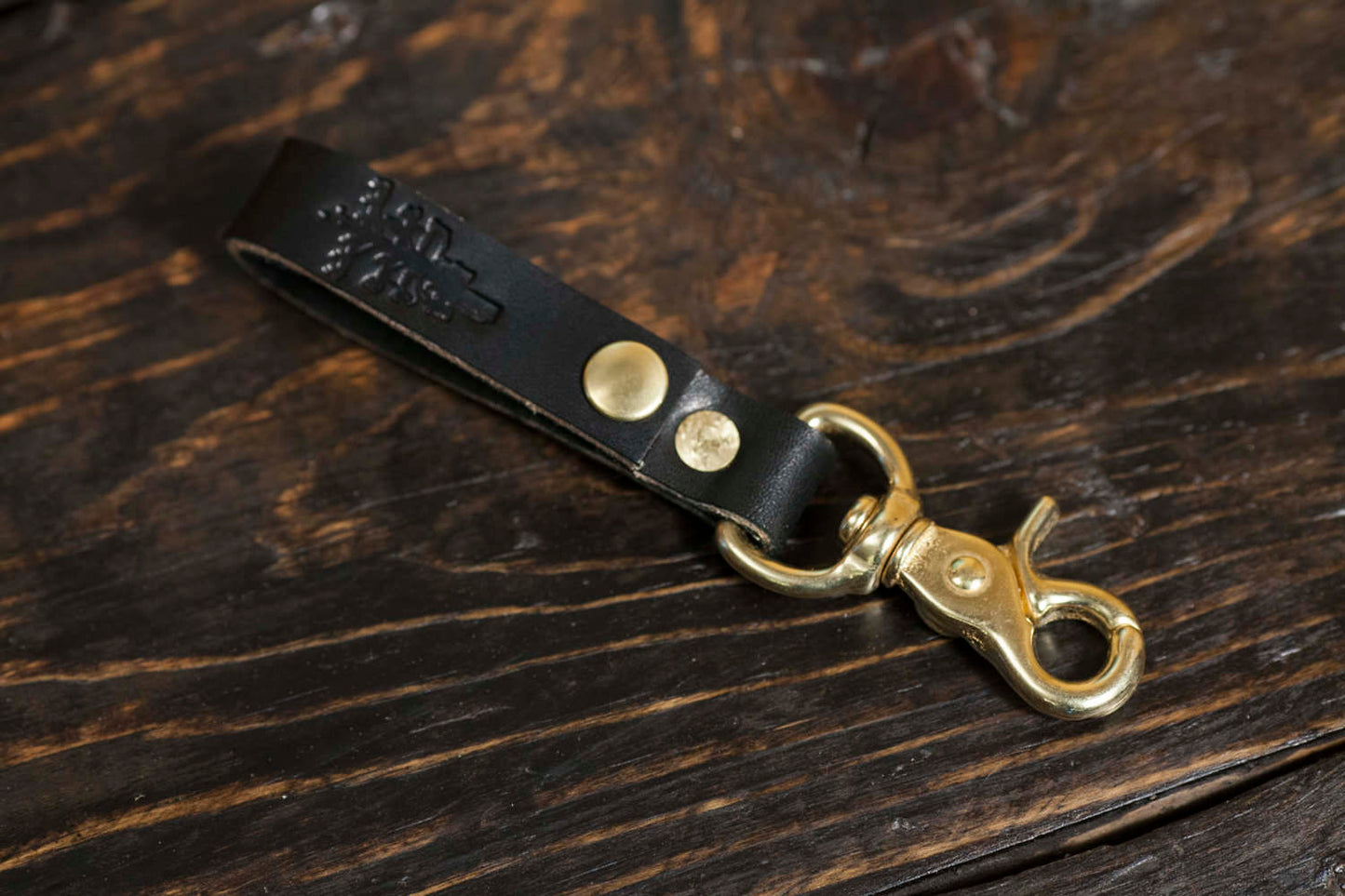 Black English Bridle Leather Belt Loop With Brass Scissor Snap Keychain