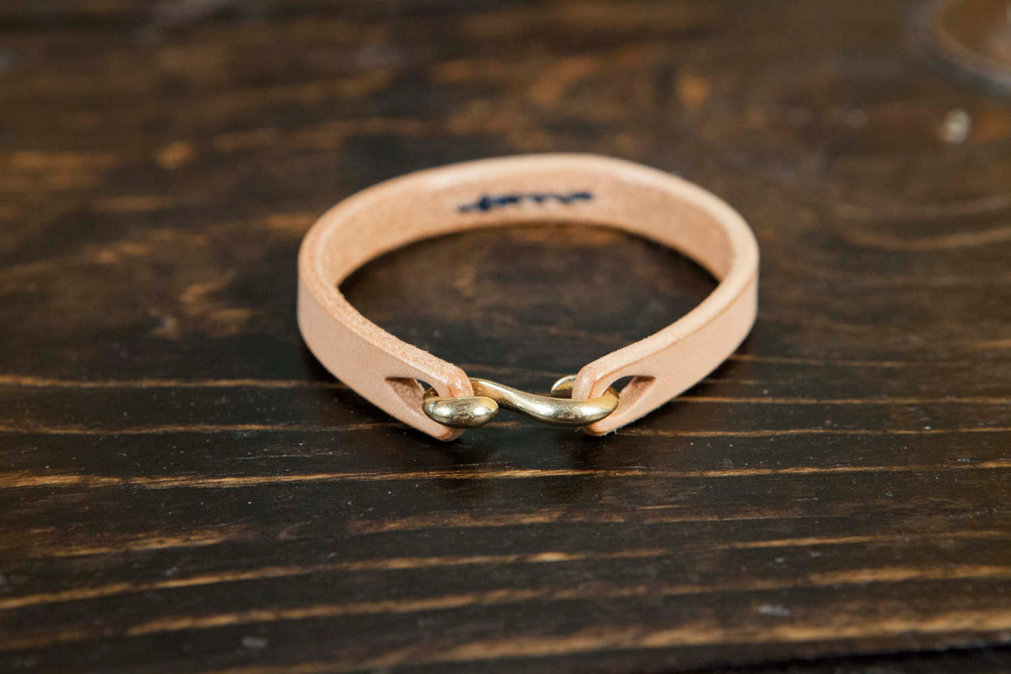 Natural Vegetable Tanned Leather Cuff with Indigo Stitching - Solid Brass or Copper S Clasp
