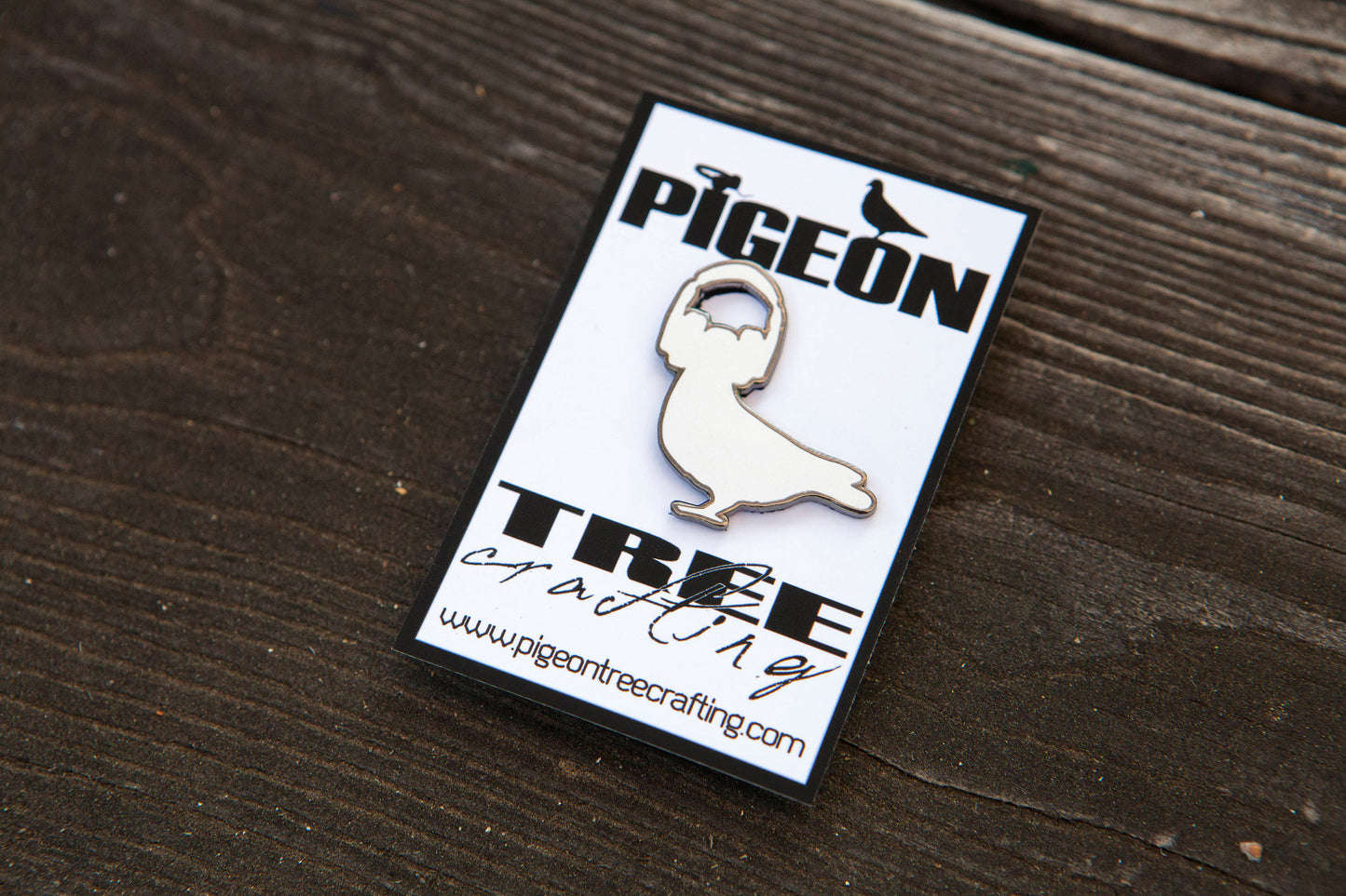 Pigeon Tree Pin- Pigeon With Headphones White and Black Nickel