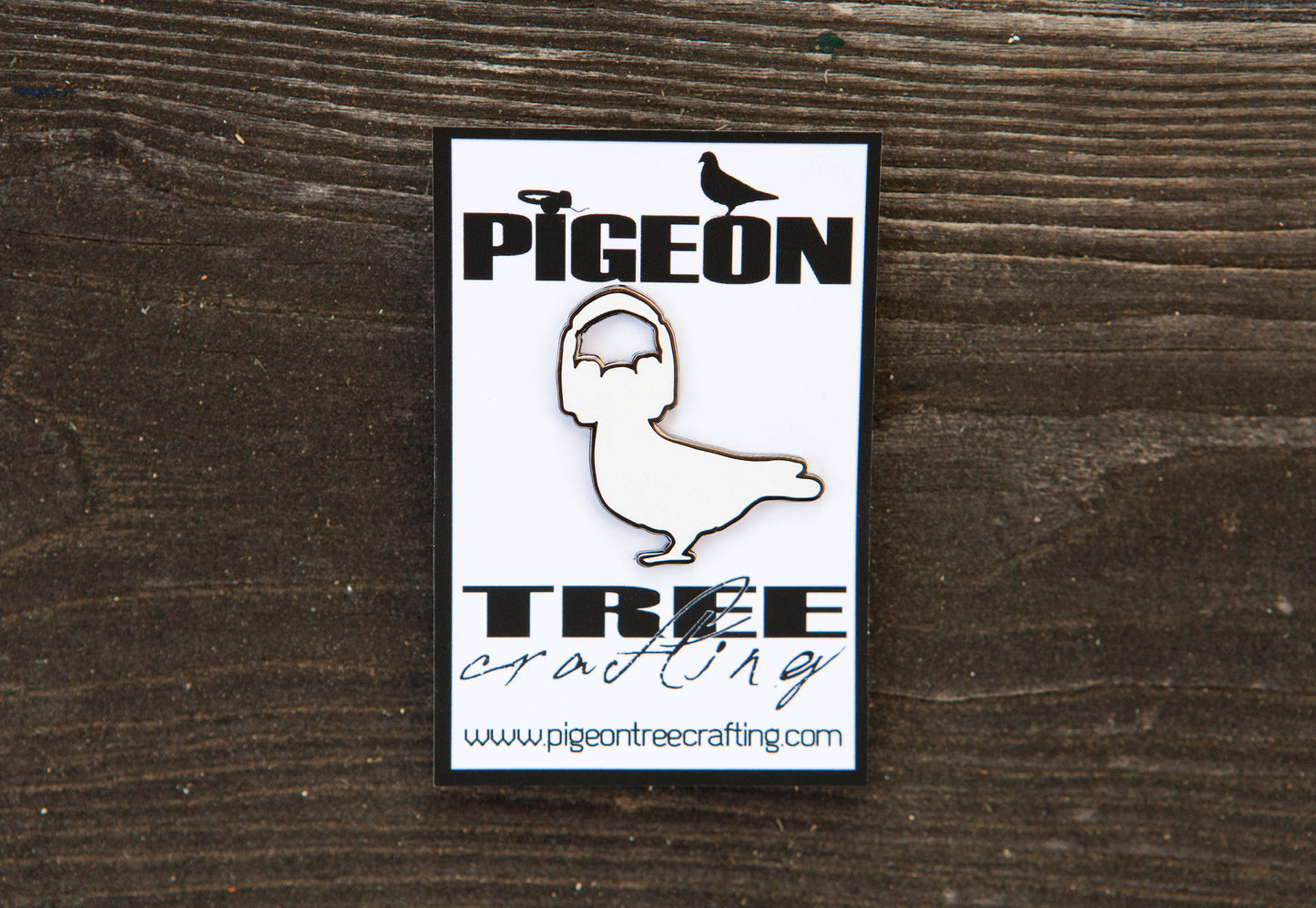 Pigeon Tree Pin- Pigeon With Headphones White and Black Nickel