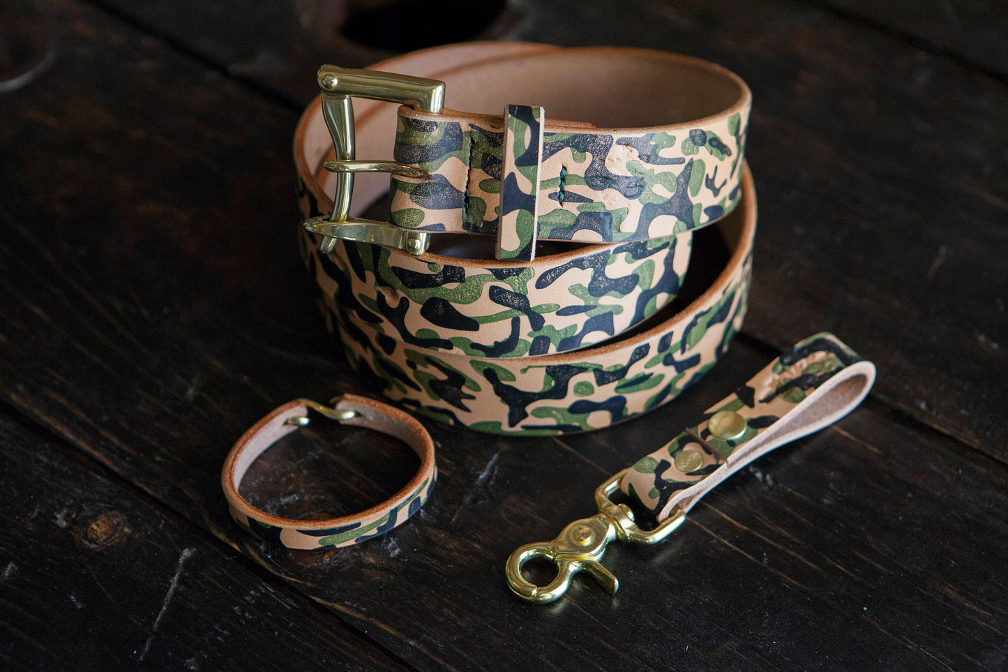 Hand Printed Camo Herman Oak Vegtan Leather Belt Loop Key Fob with Solid Brass Scissor Snap and Snap Closure