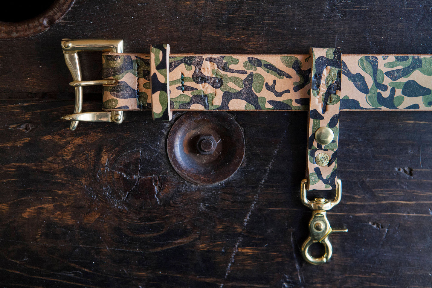 Hand Printed Camo Herman Oak Vegtan Leather Belt Loop Key Fob with Solid Brass Scissor Snap and Snap Closure