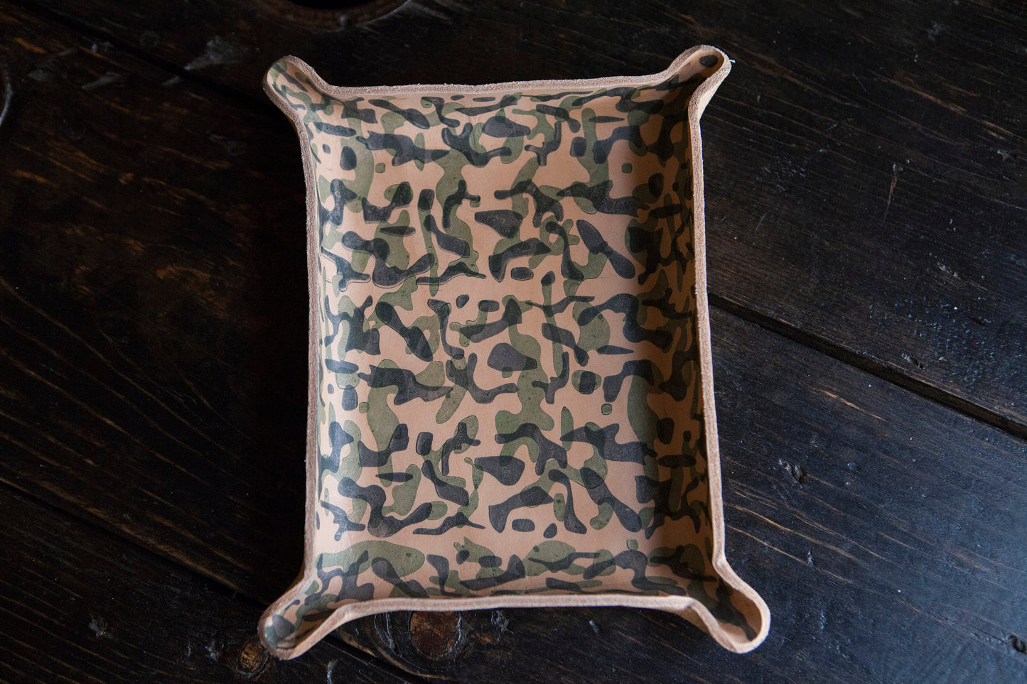Wet Formed Natural Leather Catchall Tray with Hand Printed Camo Pattern