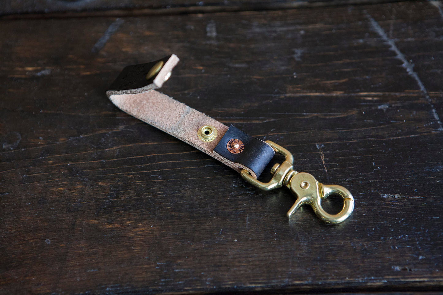 Painted Black Leather Belt Fob with Brass Scissor Snap *fades to brown to pair with Red Wing Klondike Leather*