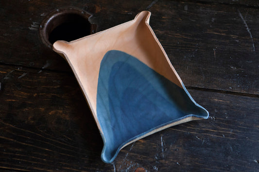 Indigo Dyed and Wet Formed Natural Leather Catchall Tray Solid Indigo with Curved Multi-Dip Abstract Indigo Design
