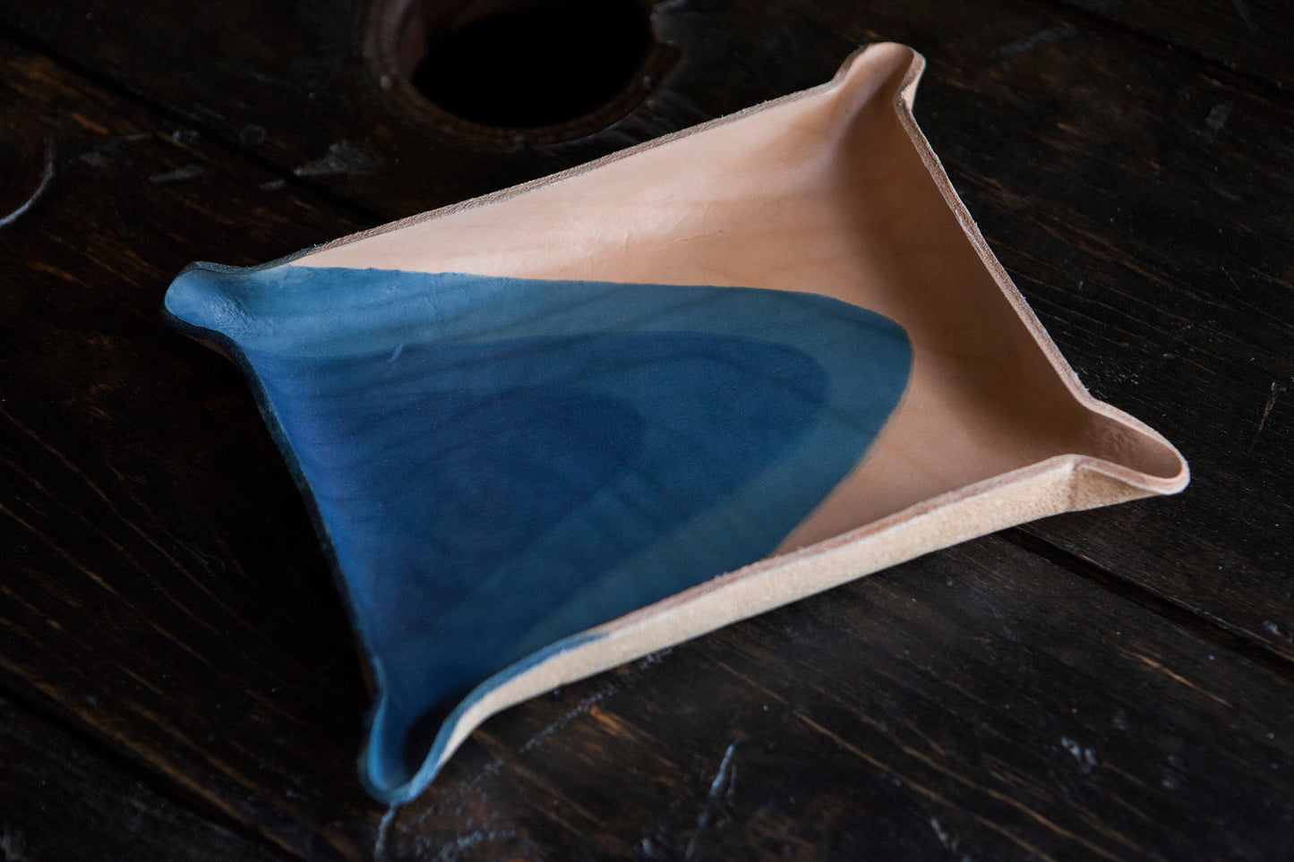 Indigo Dyed and Wet Formed Natural Leather Catchall Tray Solid Indigo with Curved Multi-Dip Abstract Indigo Design