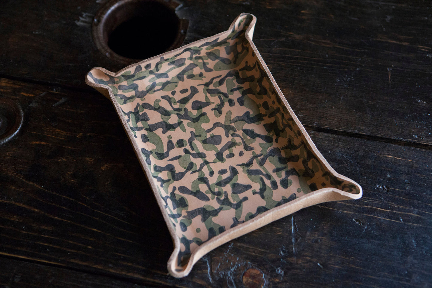 Wet Formed Natural Leather Catchall Tray with Hand Printed Camo Pattern