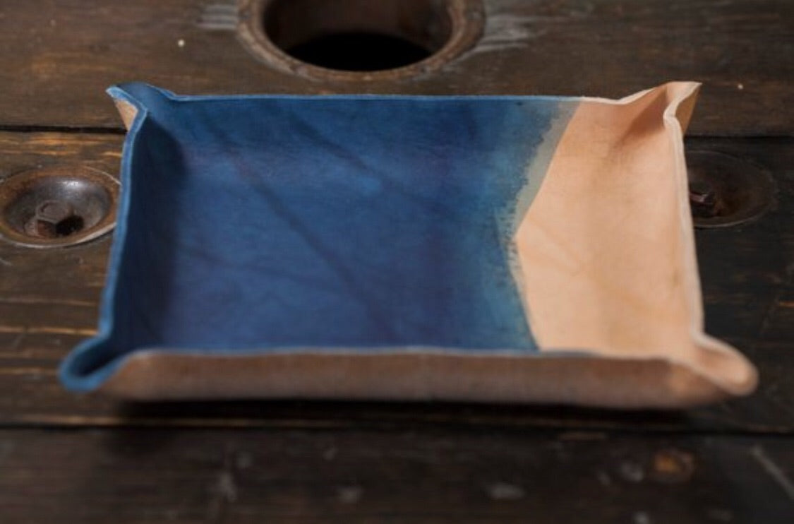 Indigo Dyed and Wet Formed Natural Leather Catchall Tray Solid Indigo with rough dip