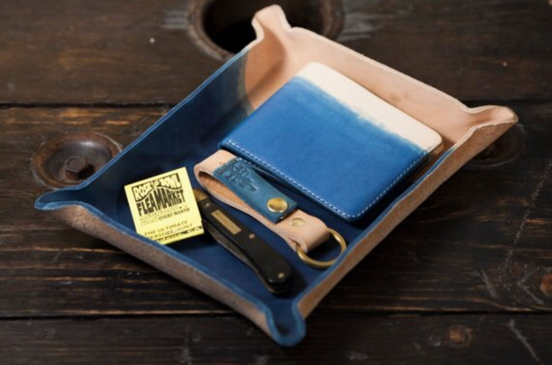 Indigo Dyed and Wet Formed Natural Leather Catchall Tray Solid Indigo with rough dip